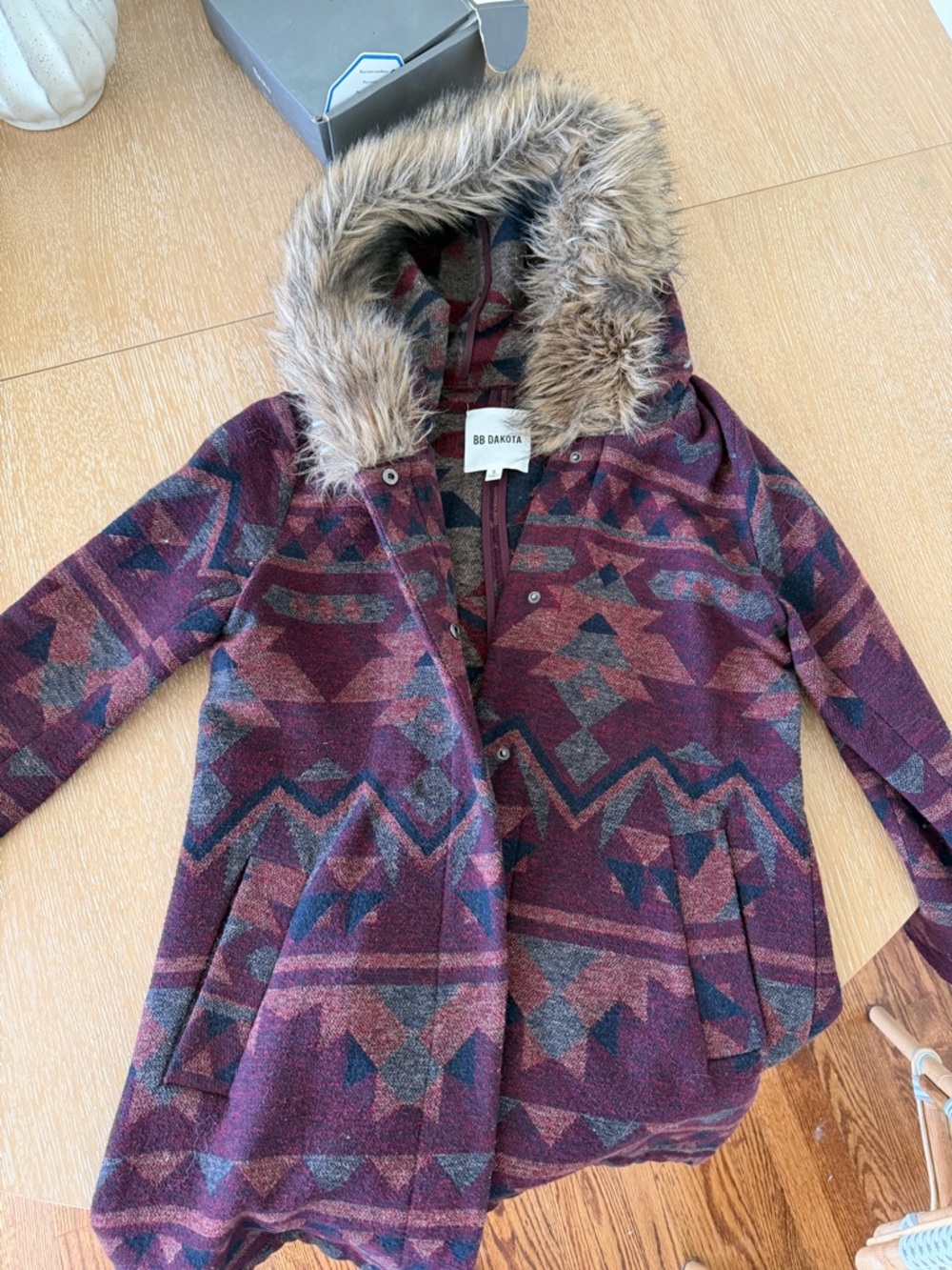 BB Dakota Hooded Aztec Coat with Faux Fur Trim - Burgundy, Navy, Brown